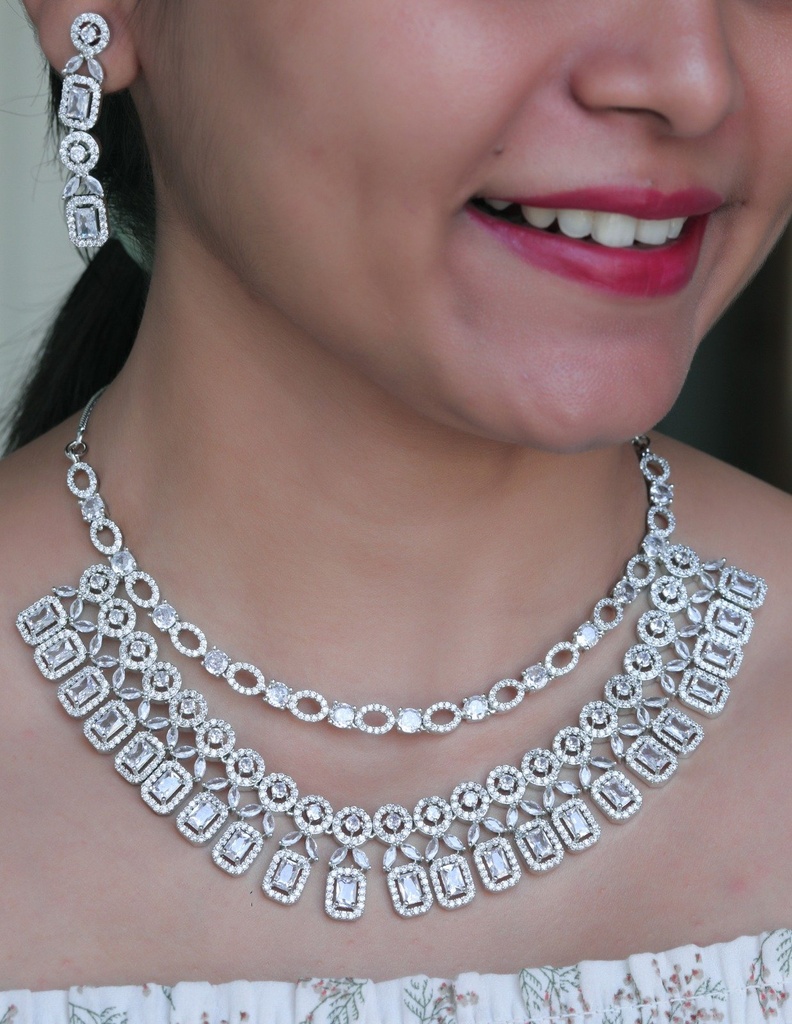 Solibelle Rhodium Plated Premium White & Emerald Zircons Necklace Set