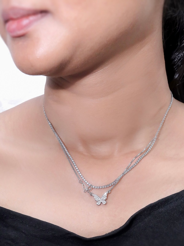 Solibelle Silver Plated Butterfly Pendant Necklace - AD & White CZ