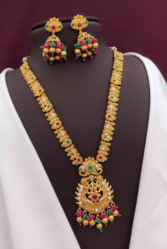Solibelle Classic Temple Jewellery AD Green And White Stone