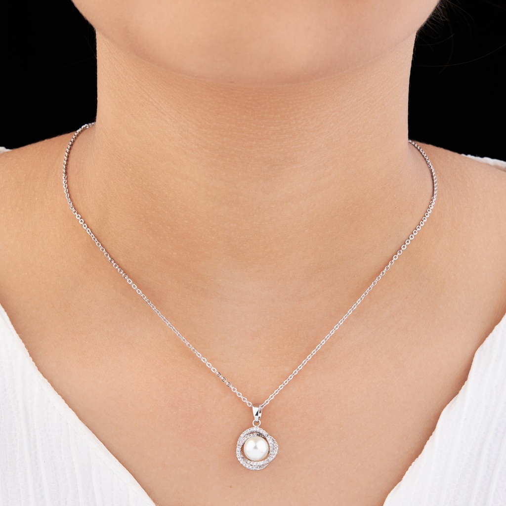 Solibelle Silver Rhodium Plated Pearl and Cubic Zirconia Circle Necklace