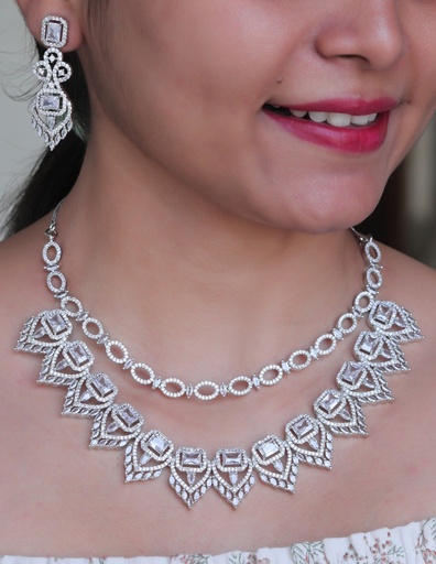 [AD SET-09] Solibelle Timeless Rhodium Plated Oval Necklace Set with White Cubic Zirconia