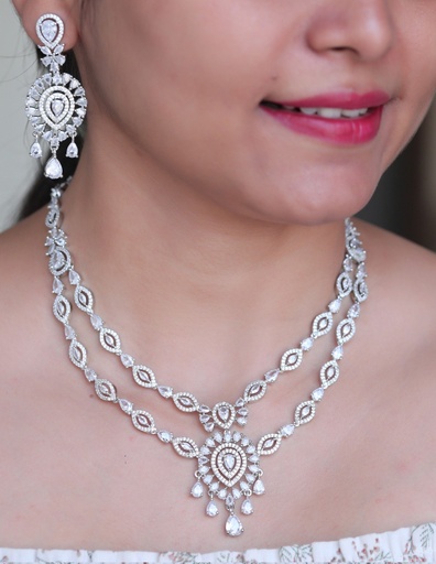[AD SET-010] Solibelle Sophisticated Rhodium Plated Oval Pendant Necklace with White CZ