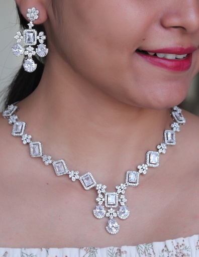 [AD SET-012] Solibelle Rhodium Plated Oval Necklace Set with AD & White Cubic Zirconia