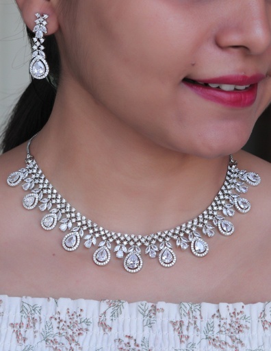 [AD SET-013] Solibelle Rhodium Plated Zircon Studded Necklace Set