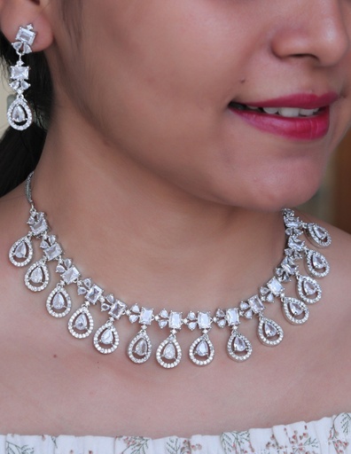 [AD SET-014] Solibelle Rhodium Plated Polki & Zirconia Studded Minimal Pendant Set