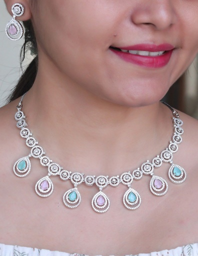 [AD SET-06] Solibelle Rhodium Plated White Zirconia Studded Layered Necklace Set