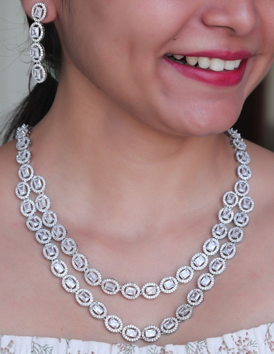 [AD SET-05] Solibelle Rhodium Plated High Finish White Oval Zirconia Studded Statement Necklace Set