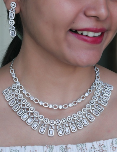[AD SET-03] Solibelle Rhodium Plated Premium White & Emerald Zircons Necklace Set