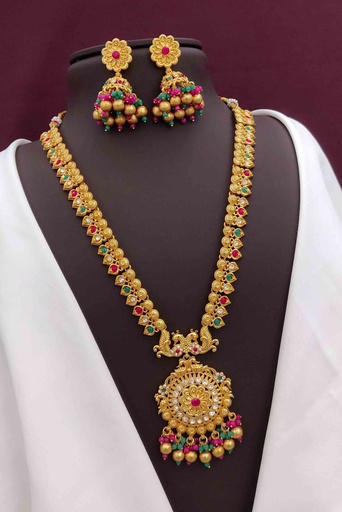 [RLS-7103] Solibelle Radiant Elegance: Gold Plated AD & Red And Green Cubic Zirconia Set
