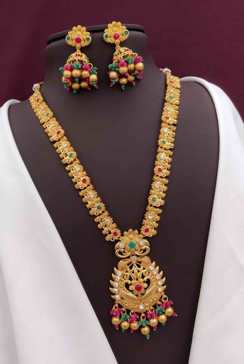 [RLS-7101] Solibelle Classic Temple Jewellery AD Green And White Stone