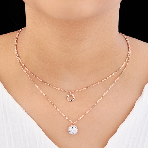[KC-3115] Solibelle Elegant Double Layered Necklace with White Round AD Stones