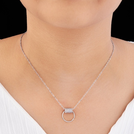 [KC-3137] Solibelle Romantic Silver Oval Chain Necklace Featuring Sparkling Accents