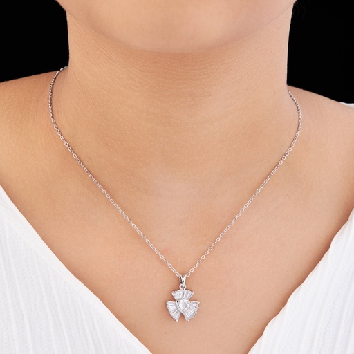 [KC-3139] Solibelle Silver Plated Elegant Floral Fan Necklace with Cubic Zirconia